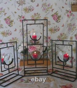 Set of 3 Iron & Glass Votive Candle Holders Black Metal Magnified Panels