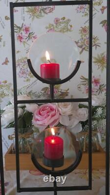 Set of 3 Iron & Glass Votive Candle Holders Black Metal Magnified Panels