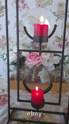 Set of 3 Iron & Glass Votive Candle Holders Black Metal Magnified Panels