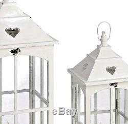 Set of 3 Large Wooden Heart Style Lanterns Aged White Hurricanes Candle Holders