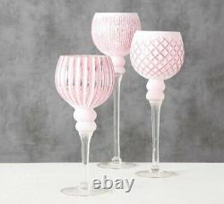 Set of 3 Luxurious Table Candlesticks Pink Glass Candle Holders Decor China Gift