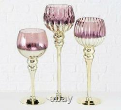 Set of 3 Luxurious Table Candlesticks Purple Glass Candle Holders Decor China