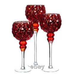 Set of 3 Luxurious Table Candlesticks Red Glass Rubies Candle Holders China Gift