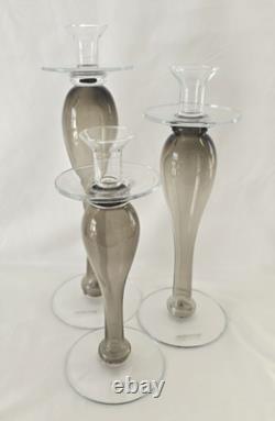 Set of 3 Smokey Gray Hand Blown Glass Polish Glass candle Stands 16, 14 & 12