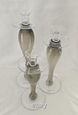 Set of 3 Smokey Gray Hand Blown Glass Polish Glass candle Stands 16, 14 & 12