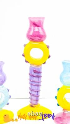 Set of 3 Unique Signed Hand-Blown Glass Candle Holders Colorful & Modern Design
