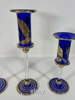 Set of 3 Vintage Cobalt Gold Filigree cut glass czech bohemian candle holders