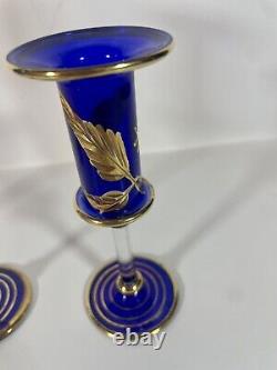 Set of 3 Vintage Cobalt Gold Filigree cut glass czech bohemian candle holders