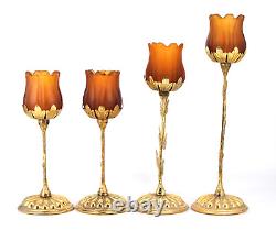 Set of 4 VTG Faroy Amber Satin Glass Tulip Votive Holders Gilt Gold Candlesticks
