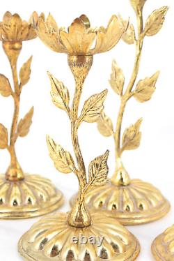 Set of 4 VTG Faroy Amber Satin Glass Tulip Votive Holders Gilt Gold Candlesticks