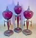 Set Of Antique Victorian Bohemian Ruby Red Glass Candle Holders Brass Base