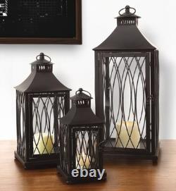 Set of Three Black Glass and Metal Geometric Floor Lantern Candle Holders