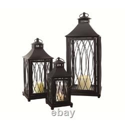 Set of Three Black Glass and Metal Geometric Floor Lantern Candle Holders