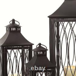 Set of Three Black Glass and Metal Geometric Floor Lantern Candle Holders
