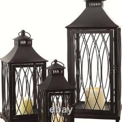 Set of Three Black Glass and Metal Geometric Floor Lantern Candle Holders