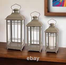 Set of Three Brown Glass and Metal Geometric Floor Lantern Candle Holders