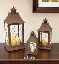 Set of Three Brown Glass and Metal Lattice Floor Lantern Candle Holders