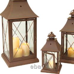 Set of Three Brown Glass and Metal Lattice Floor Lantern Candle Holders