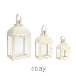 Set of Three Ivory Distressed Glass And Metal Floor Lantern Candle Holders