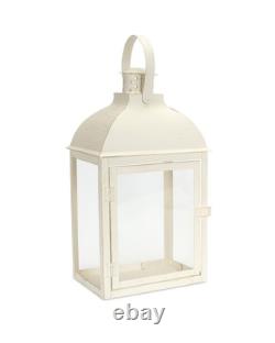 Set of Three Ivory Distressed Glass And Metal Floor Lantern Candle Holders