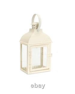 Set of Three Ivory Distressed Glass And Metal Floor Lantern Candle Holders
