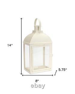 Set of Three Ivory Distressed Glass And Metal Floor Lantern Candle Holders