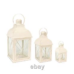 Set of Three Ivory Glass and Metal Geometric Floor Lantern Candle Holders