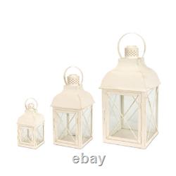 Set of Three Ivory Glass and Metal Geometric Floor Lantern Candle Holders