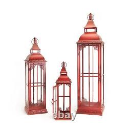 Set of Three Red Glass and Metal Ornate Floor Lantern Candle Holders