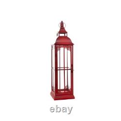 Set of Three Red Glass and Metal Ornate Floor Lantern Candle Holders
