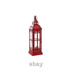 Set of Three Red Glass and Metal Ornate Floor Lantern Candle Holders
