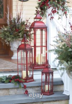 Set of Three Red Glass and Metal Ornate Floor Lantern Candle Holders