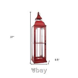 Set of Three Red Glass and Metal Ornate Floor Lantern Candle Holders