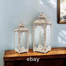 Set of Two Beige Glass and Metal Distressed Floor Lantern Candle Holders