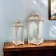 Set Of Two Beige Glass And Metal Distressed Floor Lantern Candle Holders