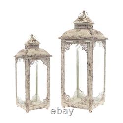 Set of Two Beige Glass and Metal Distressed Floor Lantern Candle Holders