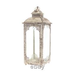 Set of Two Beige Glass and Metal Distressed Floor Lantern Candle Holders
