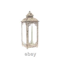 Set of Two Beige Glass and Metal Distressed Floor Lantern Candle Holders