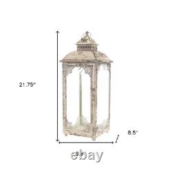 Set of Two Beige Glass and Metal Distressed Floor Lantern Candle Holders
