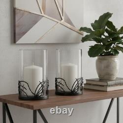 Set of Two Black Botanical Leaf Glass And Metal Tabletop Hurricane Candle Hol