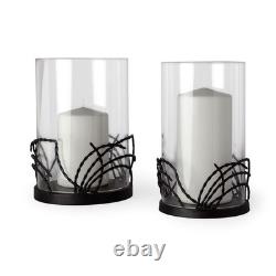 Set of Two Black Botanical Leaf Glass And Metal Tabletop Hurricane Candle Hol