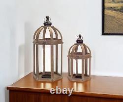 Set of Two Brown Wood and Glass Floor Lantern Candle Holders