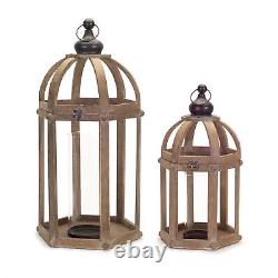 Set of Two Brown Wood and Glass Floor Lantern Candle Holders