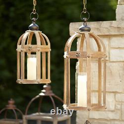 Set of Two Brown Wood and Glass Floor Lantern Candle Holders