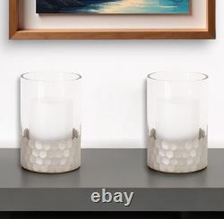 Set of Two Clear and Silver Glass Geometric Tabletop Pillar Candle Holders