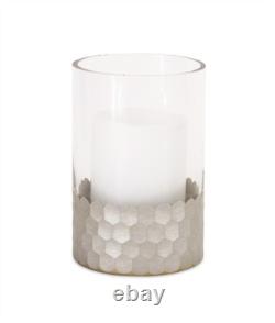 Set of Two Clear and Silver Glass Geometric Tabletop Pillar Candle Holders