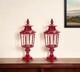 Set Of Two Red Distressed Ornate Glass And Metal Tabletop Lantern Candle Holders