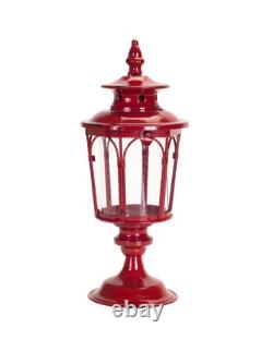Set of Two Red Distressed Ornate Glass And Metal Tabletop Lantern Candle Holders
