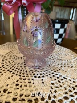 Signed Fenton C Ireland Fairy Lamp Hand Painted Daisies Pink Iridescent Vintage