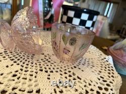 Signed Fenton C Ireland Fairy Lamp Hand Painted Daisies Pink Iridescent Vintage